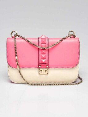 Valentino Pink/White Leather Rockstud Glam Lock Medium Flap Bag